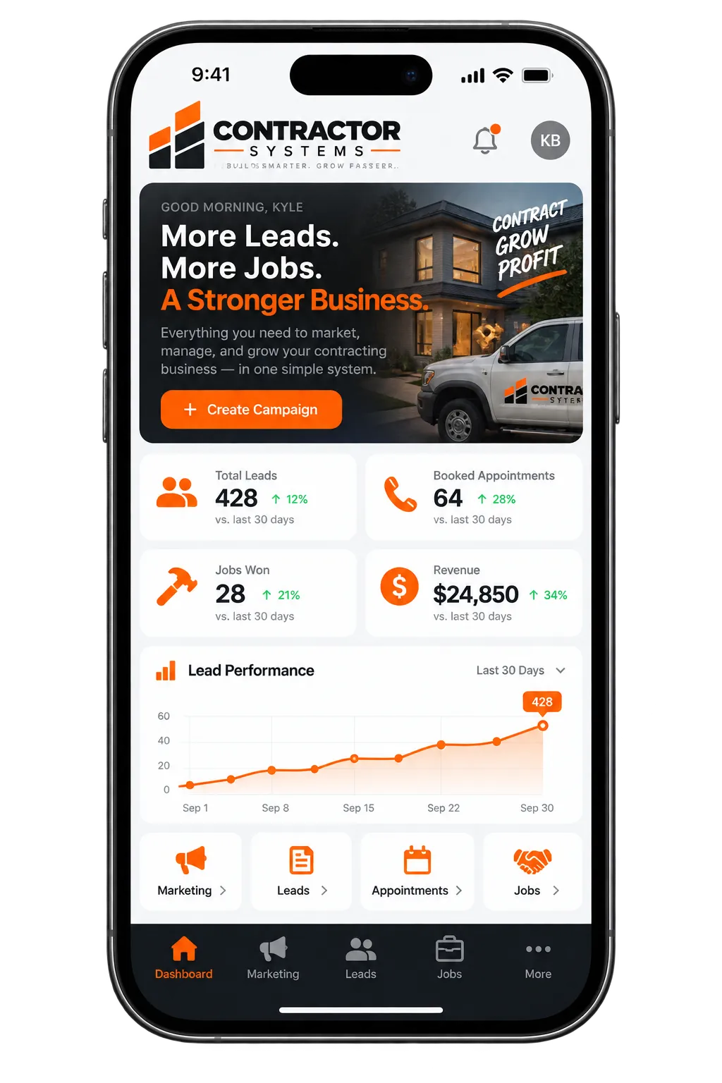 A mobile lead dashboard showing example leads, appointments, and jobs won.