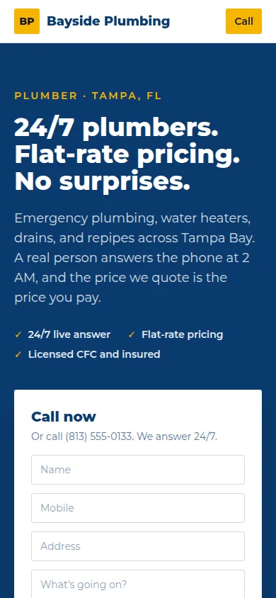 Bayside Plumbing website, mobile