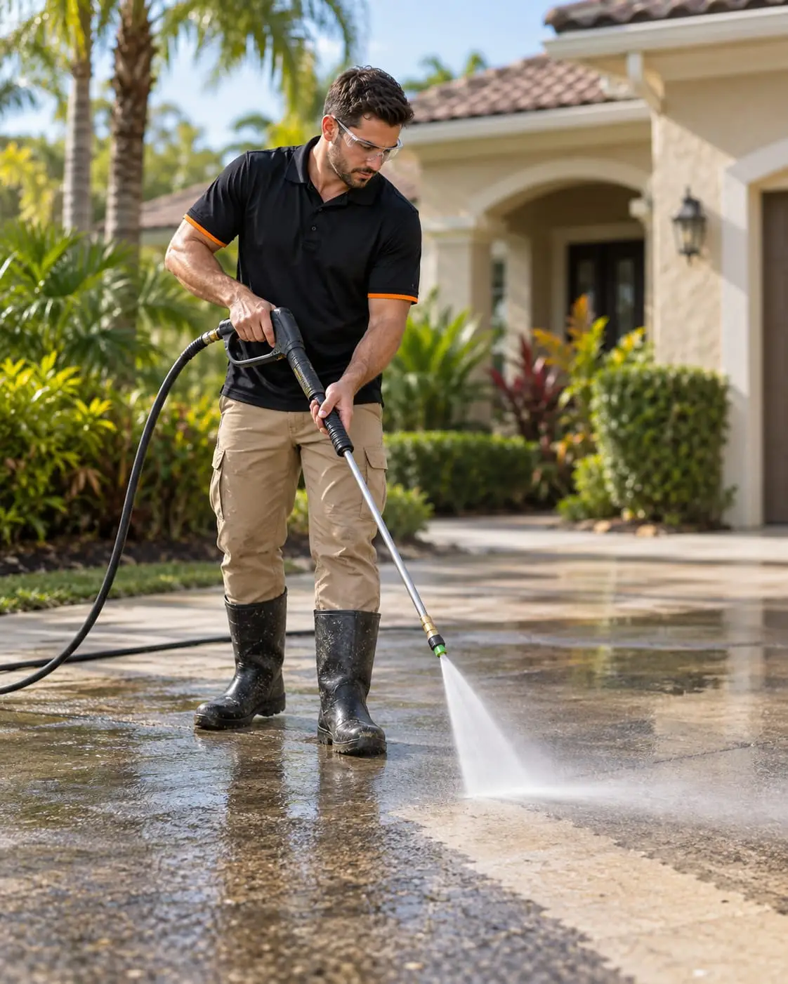 Pressure washing tech in rubber boots cleaning a stained driveway in front of a Florida home